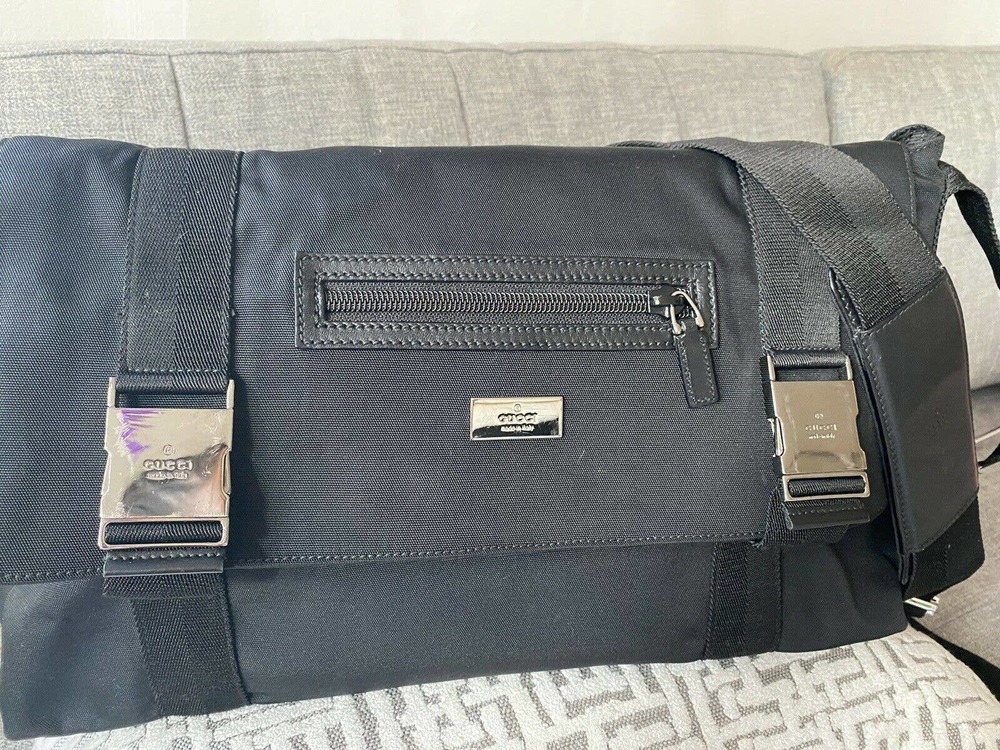 Authentic GUCCI Double Buckle Flap Canvas Messenger Bag Black